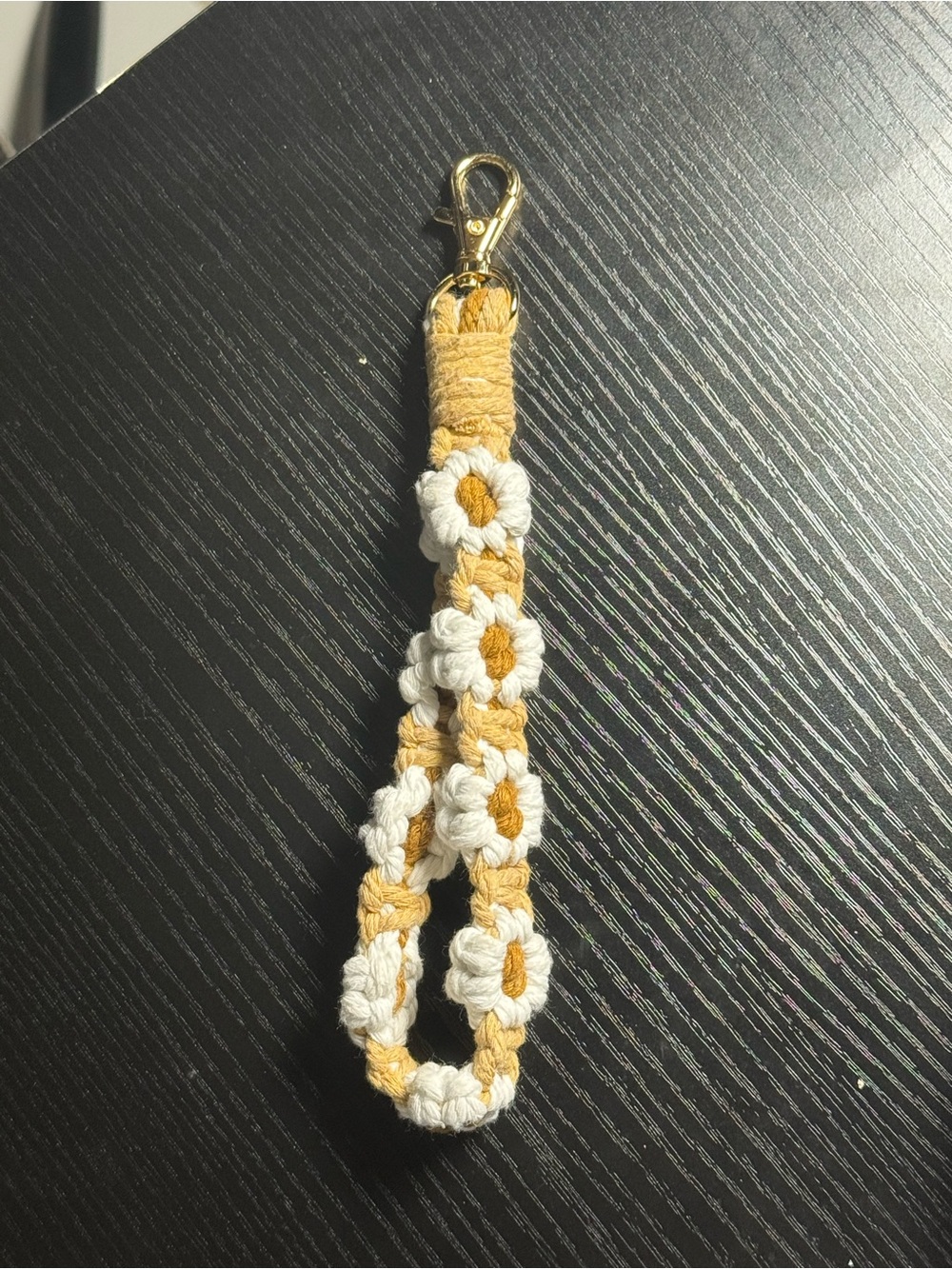 Handmade White and Mustard Daisy Macrame Keychain Wristlet